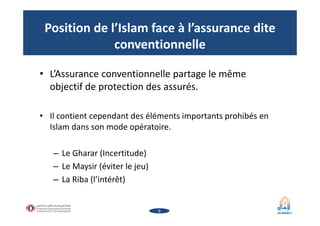 8
Position de l’Islam face à l’assurance dite
conventionnelle
• L’Assurance conventionnelle partage le même
objectif de pr...