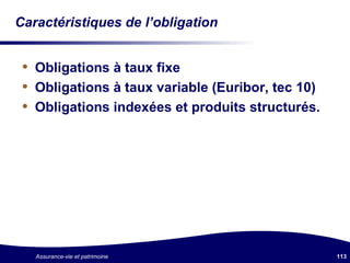 Caractéristiques de l’obligation Obligations à taux fixe Obligations à taux variable (Euribor, tec 10) Obligations indexées et produits structurés. 