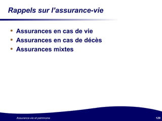 Rappels sur l’assurance-vie Assurances en cas de vie Assurances en cas de décès Assurances mixtes 