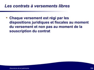 Les contrats à versements libres Chaque versement est régi par les dispositions juridiques et fiscales au moment du versement et non pas au moment de la souscription du contrat 