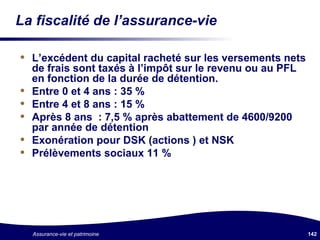 La fiscalité de l’assurance-vie L’excédent du capital racheté sur les versements nets de frais sont taxés à l’impôt sur le revenu ou au PFL en fonction de la durée de détention.  Entre 0 et 4 ans : 35 % Entre 4 et 8 ans : 15 % Après 8 ans  : 7,5 % après abattement de 4600/9200 par année de détention Exonération pour DSK (actions ) et NSK Prélèvements sociaux 11 % 