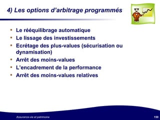 4) Les options d’arbitrage programmés Le rééquilibrage automatique Le lissage des investissements Ecrétage des plus-values (sécurisation ou dynamisation) Arrêt des moins-values L’encadrement de la performance Arrêt des moins-values relatives 