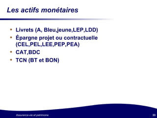 Les actifs monétaires Livrets (A, Bleu,jeune,LEP,LDD)  Épargne projet ou contractuelle (CEL,PEL,LEE,PEP,PEA) CAT,BDC TCN (BT et BON) 