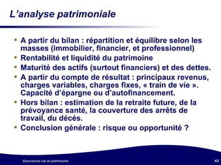 L’analyse patrimoniale A partir du bilan : répartition et équilibre selon les masses (immobilier, financier, et professionnel) Rentabilité et liquidité du patrimoine Maturité des actifs (surtout financiers) et des dettes. A partir du compte de résultat : principaux revenus, charges variables, charges fixes, « train de vie ». Capacité d’épargne ou d’autofinancement. Hors bilan : estimation de la retraite future, de la prévoyance santé, la couverture des arrêts de travail, du décés. Conclusion générale : risque ou opportunité ? 