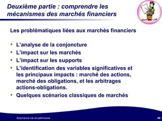 Deuxième partie : comprendre les mécanismes des marchés financiers Les problématiques liées aux marchés financiers L’analyse de la conjoncture L’impact sur les marchés L’impact sur les supports L’identification des variables significatives et les principaux impacts : marché des actions, marché des obligations, et les arbitrages actions-obligations. Quelques scénarios classiques de marchés 