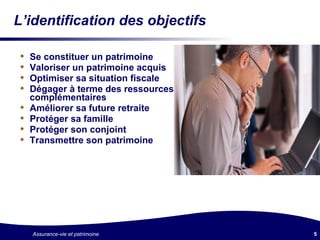 L’identification des objectifs Se constituer un patrimoine Valoriser un patrimoine acquis Optimiser sa situation fiscale Dégager à terme des ressources complémentaires Améliorer sa future retraite Protéger sa famille Protéger son conjoint Transmettre son patrimoine 