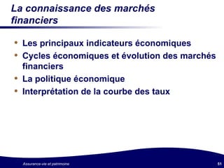 La connaissance des marchés financiers Les principaux indicateurs économiques Cycles économiques et évolution des marchés financiers La politique économique Interprétation de la courbe des taux 