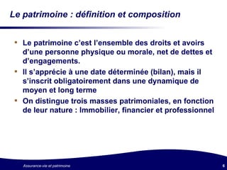Le patrimoine : définition et composition Le patrimoine c’est l’ensemble des droits et avoirs d’une personne physique ou morale, net de dettes et d’engagements. Il s’apprécie à une date déterminée (bilan), mais il s’inscrit obligatoirement dans une dynamique de moyen et long terme On distingue trois masses patrimoniales, en fonction de leur nature : Immobilier, financier et professionnel 