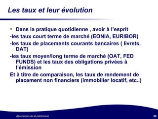 Les taux et leur évolution Dans la pratique quotidienne , avoir à l’esprit -les taux court terme de marché (EONIA, EURIBOR) -les taux de placements courants bancaires ( livrets, DAT) -les taux moyen/long terme de marché (OAT, FED FUNDS) et les taux des obligations privées à l’émission Et à titre de comparaison, les taux de rendement de placement non financiers (immobilier locatif, etc..) 