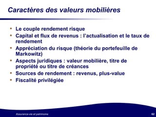 Caractères des valeurs mobilières Le couple rendement risque Capital et flux de revenus : l’actualisation et le taux de rendement Appréciation du risque (théorie du portefeuille de Markowitz) Aspects juridiques : valeur mobilière, titre de propriété ou titre de créances Sources de rendement : revenus, plus-value Fiscalité privilégiée 