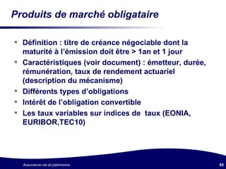 Produits de marché obligataire Définition : titre de créance négociable dont la maturité à l’émission doit être > 1an et 1 jour Caractéristiques (voir document) : émetteur, durée, rémunération, taux de rendement actuariel (description du mécanisme) Différents types d’obligations Intérêt de l’obligation convertible Les taux variables sur indices de  taux (EONIA, EURIBOR,TEC10) 