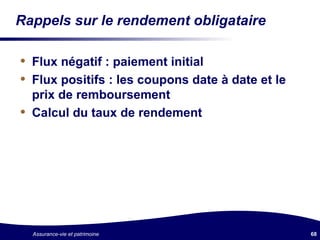 Rappels sur le rendement obligataire Flux négatif : paiement initial Flux positifs : les coupons date à date et le prix de remboursement Calcul du taux de rendement 