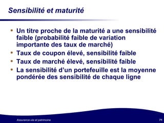 Sensibilité et maturité Un titre proche de la maturité a une sensibilité faible (probabilité faible de variation importante des taux de marché) Taux de coupon élevé, sensibilité faible Taux de marché élevé, sensibilité faible La sensibilité d’un portefeuille est la moyenne pondérée des sensibilité de chaque ligne 