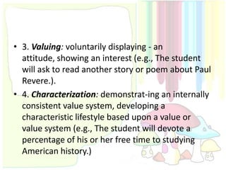 • 3. Valuing: voluntarily displaying - an
  attitude, showing an interest (e.g., The student
  will ask to read another story or poem about Paul
  Revere.).
• 4. Characterization: demonstrat-ing an internally
  consistent value system, developing a
  characteristic lifestyle based upon a value or
  value system (e.g., The student will devote a
  percentage of his or her free time to studying
  American history.)
 