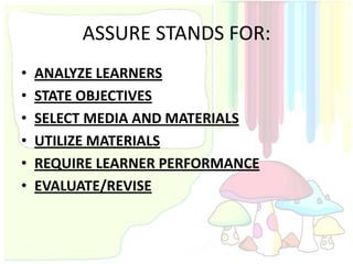 ASSURE STANDS FOR:
•   ANALYZE LEARNERS
•   STATE OBJECTIVES
•   SELECT MEDIA AND MATERIALS
•   UTILIZE MATERIALS
•   REQUIRE LEARNER PERFORMANCE
•   EVALUATE/REVISE
 