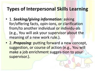 Types of Interpersonal Skills Learning
• 1. Seeking/giving information: asking
  for/offering facts, opin-ions, or clarification
  from/to another individual or individu-als
  (e.g., You will ask your supervisor about the
  meaning of a new work rule.).
• 2. Proposing: putting forward a new concept,
  suggestion, or course of action (e.g., You will
  make a job enrichment sugges-tion to your
  supervisor.).
 