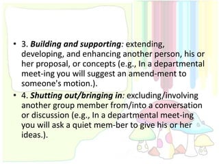 • 3. Building and supporting: extending,
  developing, and enhancing another person, his or
  her proposal, or concepts (e.g., In a departmental
  meet-ing you will suggest an amend-ment to
  someone's motion.).
• 4. Shutting out/bringing in: excluding/involving
  another group member from/into a conversation
  or discussion (e.g., In a departmental meet-ing
  you will ask a quiet mem-ber to give his or her
  ideas.).
 