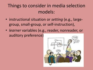 Things to consider in media selection
               models:
• instructional situation or setting (e.g., large-
  group, small-group, or self-instruction),
• learner variables (e.g., reader, nonreader, or
  auditory preference)
 