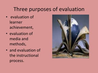 Three purposes of evaluation
• evaluation of
  learner
  achievement,
• evaluation of
  media and
  methods,
• and evaluation of
  the instructional
  process.
 