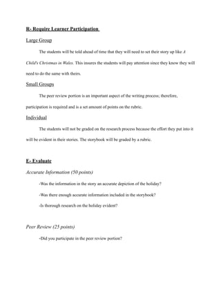 R- Require Learner Participation
Large Group
The students will be told ahead of time that they will need to set their story up like A
Child's Christmas in Wales. This insures the students will pay attention since they know they will
need to do the same with theirs.
Small Groups
The peer review portion is an important aspect of the writing process; therefore,
participation is required and is a set amount of points on the rubric.
Individual
The students will not be graded on the research process because the effort they put into it
will be evident in their stories. The storybook will be graded by a rubric.
E- Evaluate
Accurate Information (50 points)
-Was the information in the story an accurate depiction of the holiday?
-Was there enough accurate information included in the storybook?
-Is thorough research on the holiday evident?
Peer Review (25 points)
-Did you participate in the peer review portion?
 