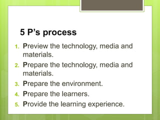5 P’s process
1. Preview the technology, media and
materials.
2. Prepare the technology, media and
materials.
3. Prepare the environment.
4. Prepare the learners.
5. Provide the learning experience.
 