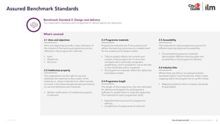 City & Guilds and ILM | Assured Benchmark Standards
March 2023
Benchmark Standard 2: Design and delivery
The organisation develops each programme to deliver against set objectives.
2.1 Aims and objectives
Aims and objectives provide a clear indication of
the content of the learning programme and are
reflected in the programme materials:
• Aims
• Objectives
• Structure.
2.2 Intellectual property
The organisation has the right to use and
distribute the materials as the creator of the
materials or, where materials from other sources
are used, it has obtained appropriate permissions
to use and distribute such materials:
• Written confirmation of intellectual property
(if relevant).
2.3 Programme materials
Programme materials are fit for purpose and
deliver the learning outcomes at a suitable level
for the audience and subject matter:
• Title accurately reflects the content and
context of the programme. It cannot be
confused with a nationally recognised
qualification, and is suitable for use as the title
on the certificate and/or credential
• All programme materials reflect the objectives
and subject matter.
2.4 Programme length
The length of the programme, the time allocated
for delivery and support for participants is
sufficient to enable them to meet the objectives.
The materials for each programme clarify:
• Expected learning hours for programme
delivery
• Length/time of assessments (if relevant).
2.5 Accessibility
The materials for each programme account for
different learning styles and accessibility:
• Documented programme materials
demonstrate different learning styles and
accessibility in the programme delivery.
2.6 Industry links
Where there are links to recognised industry
standards and/or local frameworks, there is clear
mapping within the programme to confirm these:
• Mapping evidence links to industry standards
(if applicable).
What’s covered
3
Assured Benchmark Standards
 