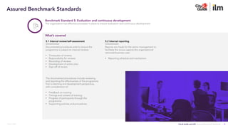 City & Guilds and ILM | Assured Benchmark Standards
March 2023
Benchmark Standard 5: Evaluation and continuous development
The organisation has effective processes in place to ensure evaluation and continuous development.
5.1 Internal review/self-assessment
Documented procedures exist to ensure the
programme is subject to internal reviews:
• Timescales of reviews
• Responsibility for reviews
• Recording of reviews
• Development of action plan
• Sign-off of review.
The documented procedures include reviewing
and reporting the effectiveness of the programme
from a learning and development perspective,
with consideration of:
• Feedback on training
• Timings and content of training
• Progress of participants through the
programme
• Supporting policies and procedures.
What’s covered
5.2 Internal reporting
Reports are made for the senior management to
facilitate the review against the organisational
rationale/business case:
• Reporting schedule and mechanism.
6
Assured Benchmark Standards
 