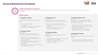 City & Guilds and ILM | Assured Benchmark Standards
March 2023
Benchmark Standard 7: Assessment
The organisation ensures that each programme with assessment has a robust assessment methodology and this is supported by effective quality assurance
procedures.
7.1 Assessment strategy
A valid and reliable assessment strategy is in
place:
• The assessment strategy is
fit-for-purpose
• The assessment strategy has clear links to the
programme aims and objectives.
7.2 Assessment criteria
The assessment criteria are measurable,
achievable and communicated to participants:
• Assessment criteria accurately measure
whether learning outcomes/objectives have
been met (validity)
• Assessments allow rigour to confirm that the
work assessed is that of the participant
(authenticity)
• Participants are provided with clear information
on the assessment criteria.
7.3 Quality assurance
Measures in place ensure the quality of the
assessment process are sufficient and consistent:
• Assessment design and development
• Assessments are carried out to a consistent
standard
• Standardisation takes place across the
Assessment team (if applicable).
7.4 Participant feedback
Feedback is provided to participants following
assessment:
• Participants are given relevant and constructive
feedback following assessment.
• Feedback is captured, stored and made
available upon request.
7.5 Participant appeal process
Participants are informed about their right to
appeal against assessment decisions and the
process they should follow:
• Participants are informed about their right to
appeal against assessment decisions and the
process they should follow
• Appeals policy and process, including
timescales for resolution is documented.
7.6 Certificates/credentials
There is a quality assurance process for the issuing
of results:
• Certificates/digital credentials are only issued
when assessments have been quality assured.
What’s covered
8
Assured Benchmark Standards
 