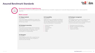 City & Guilds and ILM | Assured Benchmark Standards
March 2023
Benchmark Standard 8: Digital learning
The organisation ensures that each programme with digital learning is accessible, engaging and incorporates design standards in order to meet programme
objectives.
8.1 Design standards
Instructional design standards are in place that
support the development of a logical framework
for learning content.
8.2 Participant interactivity
The content and the design of the programme
maximises participant interactivity – it provides
relevant opportunities for exploration and
consolidation of understanding.
8.3 Navigation
Visual design standards refer to graphical user
interface (GUI) and ensure that navigation is
intuitive and user friendly.
8.4 Compatibility
Digital learning is compatible with different
devices (e.g. desktops, laptops and mobile
devices). Media elements are considered to
ensure standardisation of presentation:
• Screen layout/size
• Animation
• Text elements
• Graphics
• Audio
• Video.
8.5 Participant management
The programme uses a common industry format
(e.g. SCORM, AICC, xAPI or cmi5) enabling
interaction with a participant management system
to record information on participants:
• Participant access information
• Number of assessment attempts
• Time to complete
• Assessment results.
What’s covered
9
Assured Benchmark Standards
 