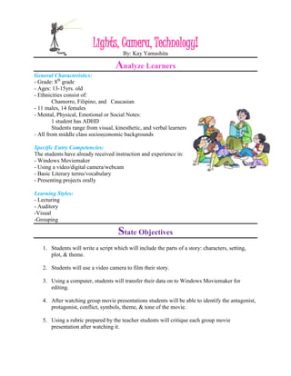 409575-447675Lights, Camera, Technology! By: Kay YamashitaAnalyze LearnersGeneral Characteristics: - Grade: 8th grade- Ages: 13-15yrs. old- Ethnicities consist of: Chamorro, Filipino, and Caucasian 421957562865- 11 males, 14 females- Mental, Physical, Emotional or Social Notes: 1 student has ADHDStudents range from visual, kinesthetic, and verbal learners - All from middle class socioeconomic backgroundsSpecific Entry Competencies:The students have already received instruction and experience in:- Windows Moviemaker- Using a video/digital camera/webcam - Basic Literary terms/vocabulary- Presenting projects orally Learning Styles:- Lecturing- Auditory -Visual-GroupingState ObjectivesStudents will write a script which will include the parts of a story: characters, setting, plot, & theme.