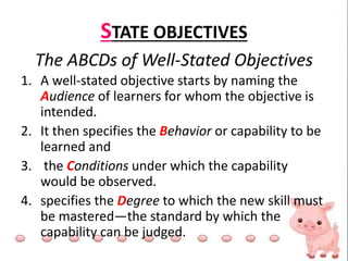 STATE OBJECTIVES
The ABCDs of Well-Stated Objectives
1. A well-stated objective starts by naming the
Audience of learners for whom the objective is
intended.
2. It then specifies the Behavior or capability to be
learned and
3. the Conditions under which the capability
would be observed.
4. specifies the Degree to which the new skill must
be mastered—the standard by which the
capability can be judged.
 