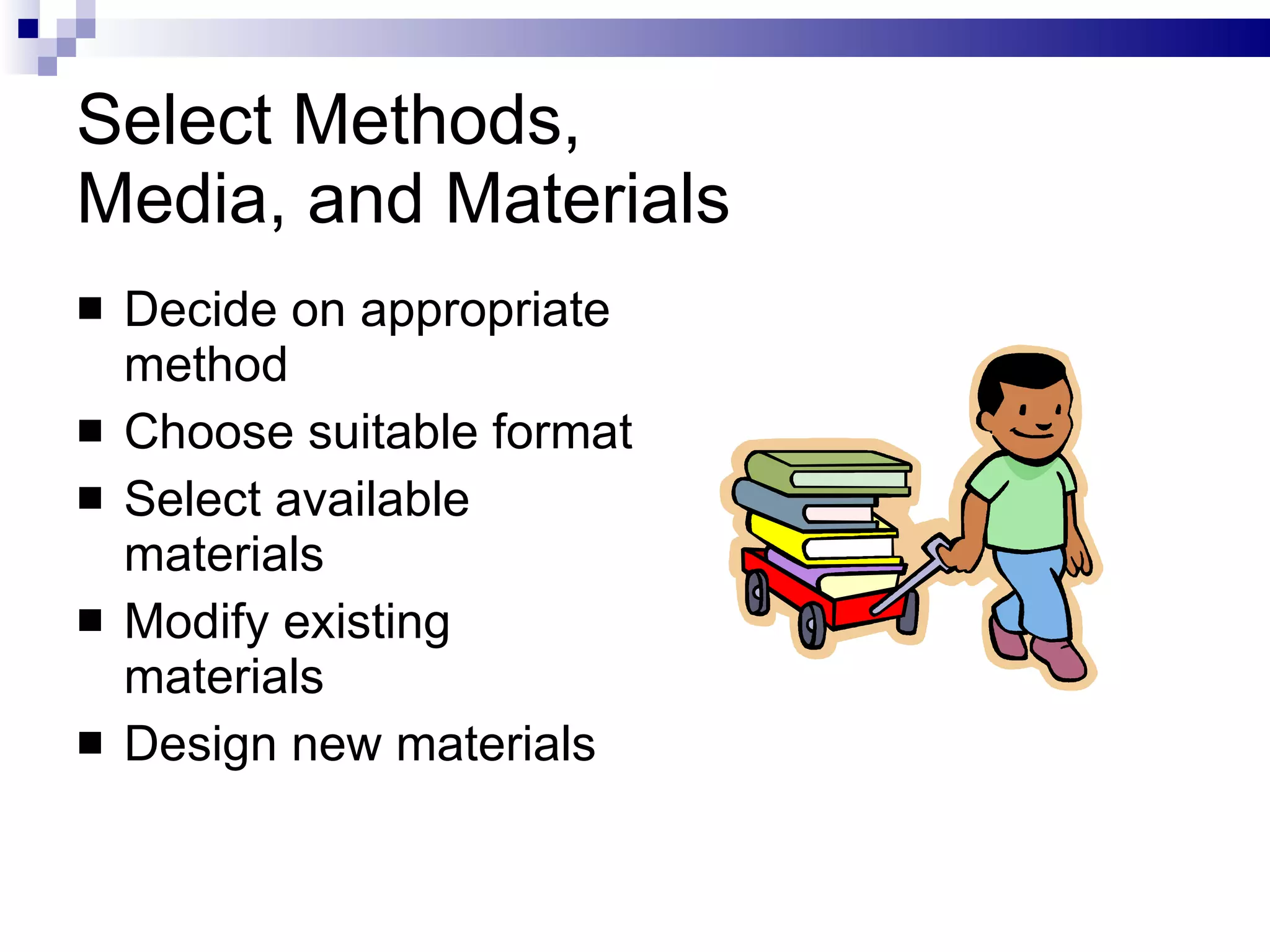 Select Methods,  Media, and Materials Decide on appropriate method Choose suitable format Select available materials Modify existing materials Design new materials 