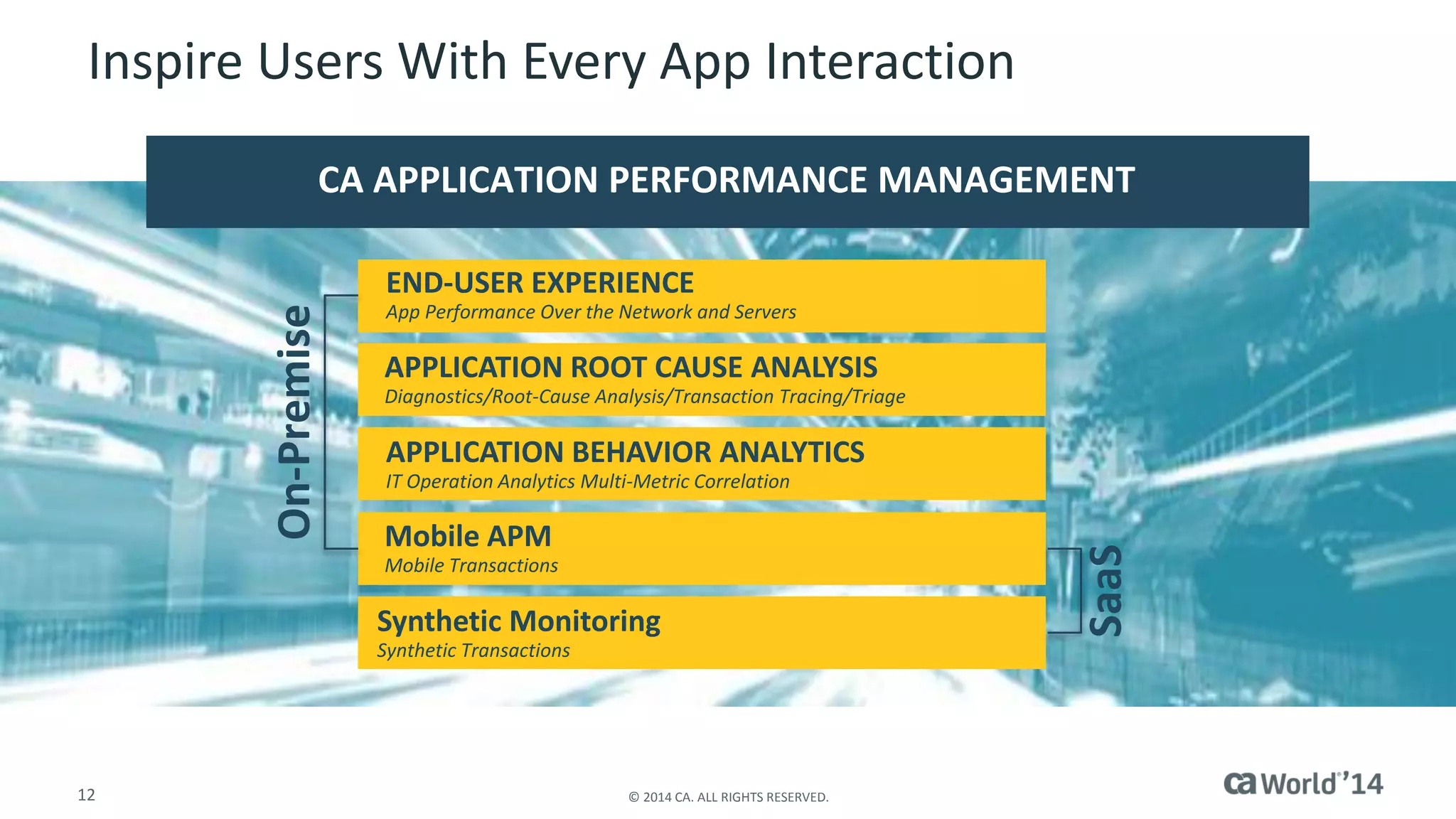 12 
© 2014 CA. ALL RIGHTS RESERVED. 
Inspire Users With Every App Interaction 
CA APPLICATION PERFORMANCE MANAGEMENT 
On-Premise 
APPLICATION ROOT CAUSE ANALYSIS 
Diagnostics/Root-Cause Analysis/Transaction Tracing/Triage 
APPLICATION BEHAVIOR ANALYTICS 
IT Operation Analytics Multi-Metric Correlation 
END-USER EXPERIENCE 
App Performance Over the Network and Servers 
SaaS 
Mobile APM 
Mobile Transactions 
Synthetic Monitoring 
Synthetic Transactions  