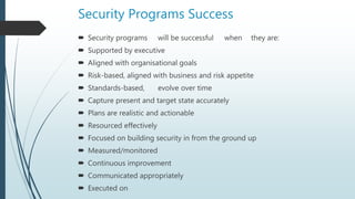 Security Programs Success
 Security programs will be successful when they are:
 Supported by executive
 Aligned with organisational goals
 Risk-based, aligned with business and risk appetite
 Standards-based, evolve over time
 Capture present and target state accurately
 Plans are realistic and actionable
 Resourced effectively
 Focused on building security in from the ground up
 Measured/monitored
 Continuous improvement
 Communicated appropriately
 Executed on
 