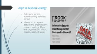 Align to Business Strategy
• Determine aims to
achieve during a defined
period
• Influenced, to a great
deal, by the organization’s
business strategy. Align
with organization’s vision,
mission, goals, strategy.
 