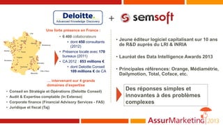 • Jeune éditeur logiciel capitalisant sur 10 ans
de R&D auprès du LRI & INRIA
• Lauréat des Data Intelligence Awards 2013
• Principales références: Orange, Médiamétrie,
Dailymotion, Total, Coface, etc.
+
Lille
Bordeaux
Toulouse
Tours
Neuilly
Lyon
Nantes
Marseille
Strasbourg
Grenoble
Côte d’Azur
Nancy
Cognac
• 6 400 collaborateurs
• dont 450 consultants
(2012)
• Présence locale avec 170
bureaux (2011)
• CA 2012 : 853 millions €
• dont Deloitte Conseil
109 millions € de CA
Une forte présence en France :
… intervenant sur 4 grands
domaines d’expertise
• Conseil en Stratégie et Opérations (Deloitte Conseil)
• Audit & Expertise comptable (In Extenso)
• Corporate finance (Financial Advisory Services - FAS)
• Juridique et fiscal (Taj)
Des réponses simples et
innovantes à des problèmes
complexes
 