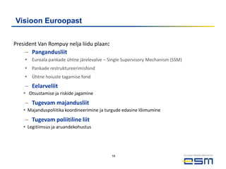 Visioon Euroopast

President Van Rompuy nelja liidu plaan:
    – Pangandusliit
     Euroala pankade ühtne järelevalve – Single Supervisory Mechanism (SSM)
     Pankade restruktureerimisfond
     Ühtne hoiuste tagamise fond
    – Eelarveliit
    Otsustamise ja riskide jagamine
    – Tugevam majandusliit
    Majanduspoliitika koordineerimine ja turgude edasine lõimumine
    – Tugevam poliitiline liit
    Legitiimsus ja aruandekohustus




                                            16
 