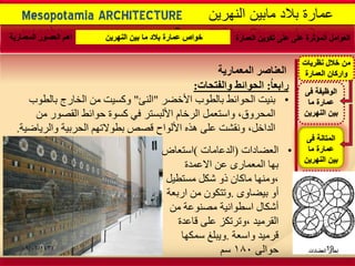 -
Mesopotamia ARCHITECTURE ‫النهرٌن‬ ‫مابٌن‬ ‫بالد‬ ‫عمارة‬
‫ساتؼا‬:‫اٌؽٛائظ‬‫ٚاٌفرؽاخ‬:
•‫تُٛد‬‫األخضش‬ ‫تانطٕب‬ ‫انذٕائظ‬"‫انُئ‬"‫تانطٕب‬ ‫انخاسج‬ ٍ‫ي‬ ‫ٔكغٛد‬
ٍ‫ي‬ ‫انقصٕس‬ ‫دٕائظ‬ ‫كغٕج‬ ٙ‫ف‬ ‫األنثغرش‬ ‫انشخاو‬ ‫ٔاعرؼًم‬ ،‫انًذشٔق‬
‫ٔانشٚاضٛح‬ ‫انذشتٛح‬ ‫تطٕالذٓى‬ ‫قصص‬ ‫األنٕاح‬ ِ‫ْز‬ ٗ‫ػه‬ ‫َٔقشد‬ ،‫انذاخم‬.
‫العمارة‬ ‫تكوٌن‬ ‫على‬ ‫على‬ ‫المؤثرة‬ ‫العوامل‬‫النهرٌن‬ ‫بٌن‬ ‫ما‬ ‫بالد‬ ‫عمارة‬ ‫خواص‬‫المعمارٌة‬ ‫العصور‬ ‫اهم‬
‫فى‬ ‫المتانة‬
‫ما‬ ‫عمارة‬
‫النهرٌن‬ ‫بٌن‬
‫فى‬ ‫الوظٌفة‬
‫ما‬ ‫عمارة‬
‫النهرٌن‬ ‫بٌن‬
‫فى‬ ‫الجمال‬
‫ما‬ ‫عمارة‬
‫النهرٌن‬ ‫بٌن‬
‫نظرٌات‬ ‫خالل‬ ‫من‬
‫العمارة‬ ‫واركان‬‫اٌؼٕاصش‬‫اٌّؼّاس٠ح‬
•‫انؼضاداخ‬(‫انذػاياخ‬)‫اعرؼاض‬
‫االػًذج‬ ٍ‫ػ‬ ٖ‫انًؼًاس‬ ‫تٓا‬
‫يغرطٛم‬ ‫شكم‬ ٔ‫ر‬ ٌ‫ياكا‬ ‫،ٔيُٓا‬
ٖٔ‫تٛضا‬ ٔ‫أ‬.‫استؼح‬ ٍ‫ي‬ ٌٕ‫ٔذرك‬
ٍ‫ي‬ ‫يصُٕػح‬ ‫اعطٕاَٛح‬ ‫أشكال‬
‫قاػذج‬ ٗ‫ػه‬ ‫،ٔذشذكض‬ ‫انقشيٛذ‬
‫ٔاعؼح‬ ‫قشيٛذ‬.‫عًكٓا‬ ‫ٔٚثهغ‬
ٗ‫دٕان‬180‫عى‬09/06/1434 19
 
