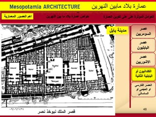 -
Mesopotamia ARCHITECTURE ‫النهرٌن‬ ‫مابٌن‬ ‫بالد‬ ‫عمارة‬
‫عصر‬
‫االشورٌٌن‬
‫عصر‬
‫البابلٌون‬
‫أو‬ ‫الكلدانٌون‬
‫الثانٌة‬ ‫البابلٌة‬
‫عصر‬
‫السومرٌٌن‬
‫الفارسى‬ ‫العصر‬
‫او‬ ‫العجمى‬ ‫او‬
‫الساسانى‬
‫العمارة‬ ‫تكوٌن‬ ‫على‬ ‫على‬ ‫المؤثرة‬ ‫العوامل‬‫النهرٌن‬ ‫بٌن‬ ‫ما‬ ‫بالد‬ ‫عمارة‬ ‫خواص‬‫المعمارٌة‬ ‫العصور‬ ‫اهم‬
‫بابل‬ ‫مدٌنة‬
09/06/1434 48
 