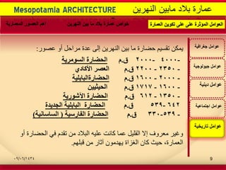 -
Mesopotamia ARCHITECTURE ‫النهرٌن‬ ‫مابٌن‬ ‫بالد‬ ‫عمارة‬
‫اجتماعٌة‬ ‫عوامل‬
‫تارٌخٌة‬ ‫عوامل‬
‫عوامل‬‫جٌولوجٌة‬
‫جغرافٌة‬ ‫عوامل‬
‫دٌنٌة‬ ‫عوامل‬
ٍ‫ًٚك‬ٗ‫ئن‬ ٍٚ‫انُٓش‬ ٍٛ‫ت‬ ‫يا‬ ‫دضاسج‬ ‫ذقغٛى‬‫ػذج‬ٔ‫أ‬ ‫يشادم‬‫ػصٕس‬:
-4000-2000‫ق‬.َ‫اٌؽضاسج‬‫اٌسِٛش٠ح‬
-2350-2200‫ق‬.َٞ‫األواد‬ ‫اٌؼصش‬
-2000-1600‫ق‬.َ‫اٌؽضاسجاٌثاتٍ١ح‬
-1600-1717‫ق‬.َٓ١١‫اٌؽ١ص‬
-1350-612‫ق‬.َ‫اٌؽضاسج‬‫ا٢شٛس٠ح‬
642-539‫ق‬.َ‫اٌؽضاسج‬‫اٌعذ٠ذج‬ ‫اٌثاتٍ١ح‬
-539-330‫ق‬.َ‫اٌفاسس١ح‬ ‫اٌؽضاسج‬(‫اٌساسأ١ح‬)
ٔ‫أ‬ ‫انذضاسج‬ ٙ‫ف‬ ‫ذقذو‬ ٍ‫ي‬ ‫انثالد‬ ّٛ‫ػه‬ ‫كاَد‬ ‫ػًا‬ ‫انقهٛم‬ ‫ئال‬ ‫يؼشٔف‬ ‫ٔغٛش‬
‫قثهٓى‬ ٍ‫ي‬ ‫آثاس‬ ٌٕ‫ٚٓذي‬ ‫انغضاج‬ ٌ‫كا‬ ‫دٛث‬ ،‫انؼًاسج‬.
‫العمارة‬ ‫تكوٌن‬ ‫على‬ ‫على‬ ‫المؤثرة‬ ‫العوامل‬‫النهرٌن‬ ‫بٌن‬ ‫ما‬ ‫بالد‬ ‫عمارة‬ ‫خواص‬‫المعمارٌة‬ ‫العصور‬ ‫اهم‬
09/06/1434 9
 