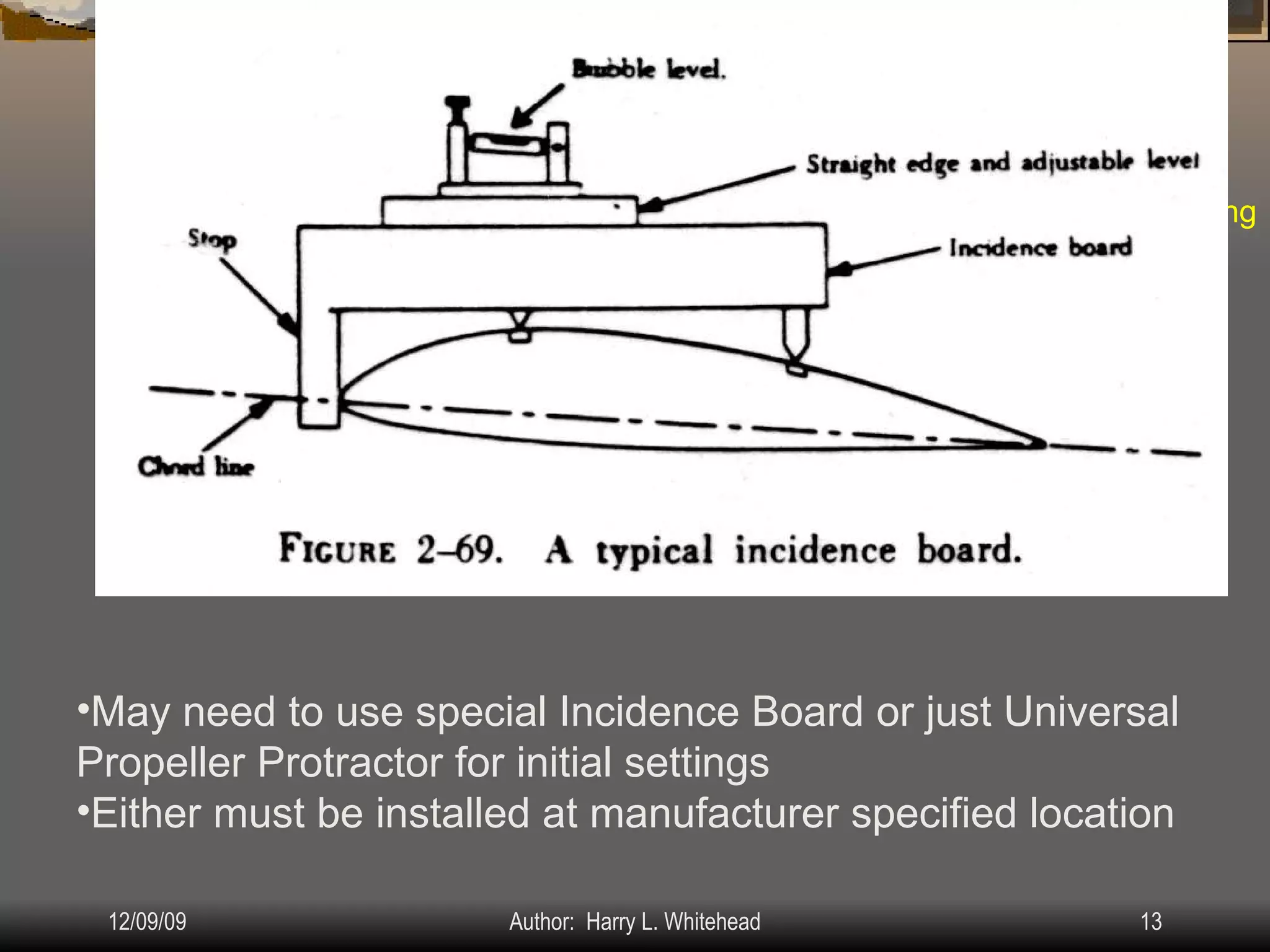 Airplane Assembly Alignment Check: IV.  Assembly & Rigging Rigging Specifications Airplane Assembly Flight Control Systems Control Surface Balancing Biplanes Wings May need to use special Incidence Board or just Universal Propeller Protractor for initial settings Either must be installed at manufacturer specified location 