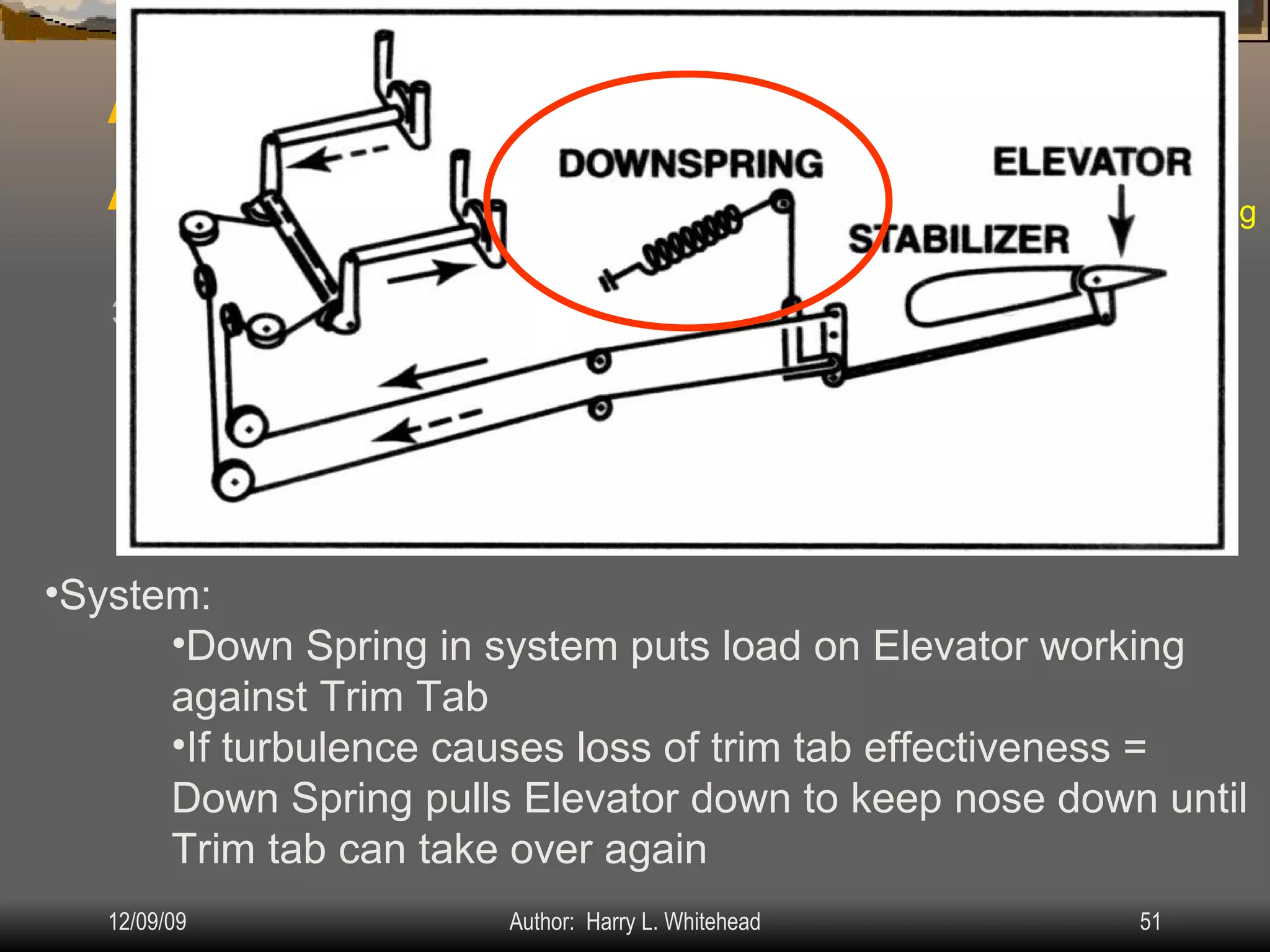 Airplane Assembly Flight Controls Installation & Rigging: IV.  Assembly & Rigging Rigging Specifications Airplane Assembly Flight Control Systems Control Surface Balancing Biplanes Elevators: System: Down Spring in system puts load on Elevator working against Trim Tab If turbulence causes loss of trim tab effectiveness = Down Spring pulls Elevator down to keep nose down until Trim tab can take over again 