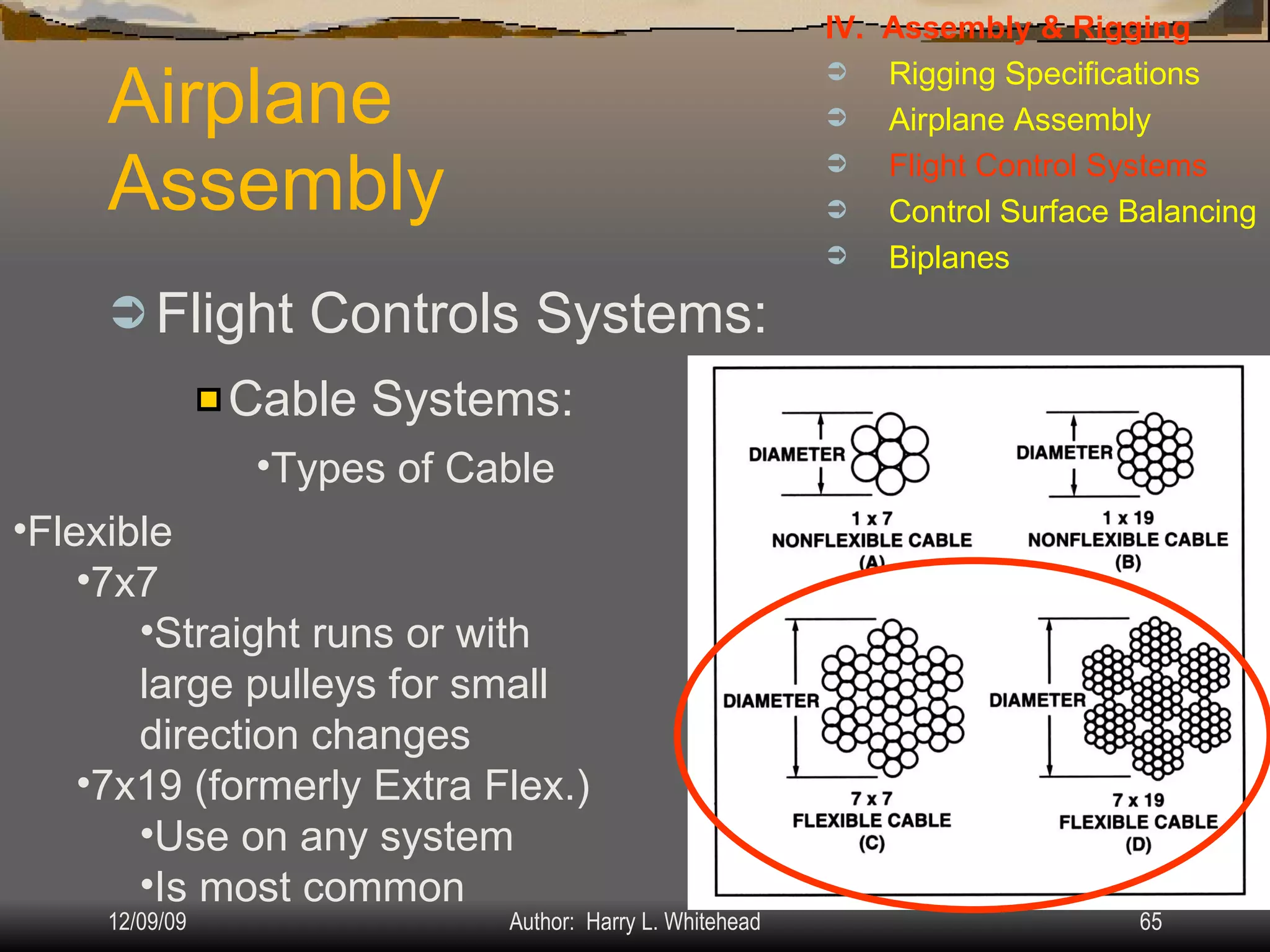 Airplane Assembly Flight Controls Systems: IV.  Assembly & Rigging Rigging Specifications Airplane Assembly Flight Control Systems Control Surface Balancing Biplanes Cable Systems: Types of Cable Flexible 7x7 Straight runs or with large pulleys for small direction changes 7x19 (formerly Extra Flex.) Use on any system Is most common 