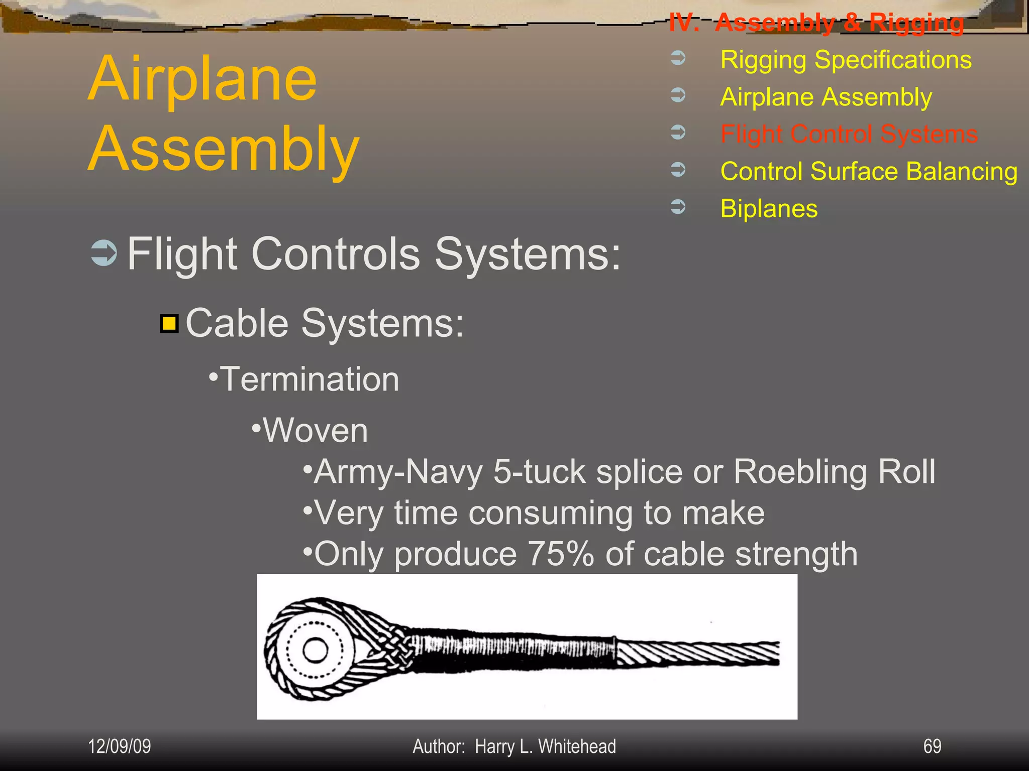 Airplane Assembly Flight Controls Systems: IV.  Assembly & Rigging Rigging Specifications Airplane Assembly Flight Control Systems Control Surface Balancing Biplanes Cable Systems: Termination Woven Army-Navy 5-tuck splice or Roebling Roll Very time consuming to make Only produce 75% of cable strength 