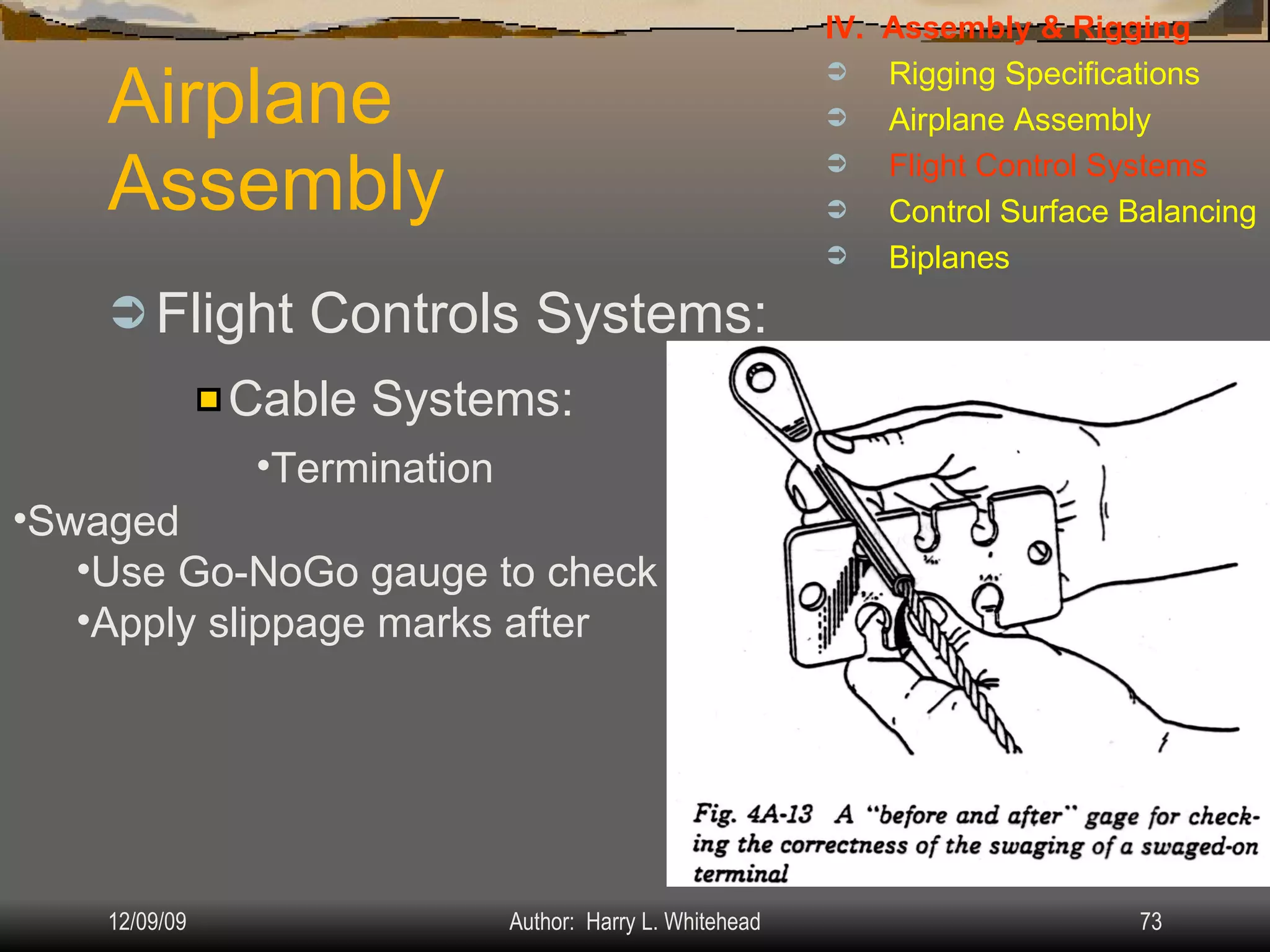 Airplane Assembly Flight Controls Systems: IV.  Assembly & Rigging Rigging Specifications Airplane Assembly Flight Control Systems Control Surface Balancing Biplanes Cable Systems: Termination Swaged Use Go-NoGo gauge to check Apply slippage marks after 