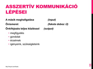 ASSZERTÍV KOMMUNIKÁCIÓ
LÉPÉSEI
A másik meghallgatása (input)
Önismeret (fekete doboz )
Önkifejezés teljes közléssel (output)
• megfigyelés
• gondolat
• érzelmek
• igényeink, szükségleteink
http://tinyurl.com/tiszta
11
 