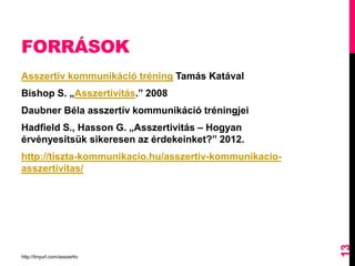 FORRÁSOK
Asszertív kommunikáció tréning Tamás Katával
Bishop S. „Asszertivitás.” 2008
Daubner Béla asszertív kommunikáció tréningjei
Hadfield S., Hasson G. „Asszertivitás – Hogyan
érvényesítsük sikeresen az érdekeinket?” 2012.
http://tiszta-kommunikacio.hu/asszertiv-kommunikacio-
asszertivitas/
http://tinyurl.com/asszertiv
13
 