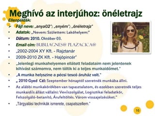 Meghívó az interjúhoz: önéletrajz
Ellenpéldák:
 Fájl neve: „anya02”; „enyém”; „önéletrajz”
• Adatok: „Nevem: Születtem: Lakóhelyem:”
• Dátum: 2010. Október 03.
•   Email cím: bubu.agnes@ plazacica@
•   „2002-2004 XY Kft. - Rajztanár
•   2009-2010 ZK Kft. - Hajópincér”
•   „Jelenlegi munkahelyemen ellátott feladataim nem jelentenek
    kihívást számomra, nem töltik ki a teljes munkaidőmet.”
•   „A munka helyszine a pécsi tescó áruház volt.”
•   „ 2010 Gyed Cél: Szeptember hónaptól szeretnék munkába állni.
•   Az alábbi munkakörökben van tapasztalatom, és ezekben szeretnék teljes
    munkaidős állást vállalni: Vevőszolgálat, Logisztikai feladatkör,
    Felszolgáló-betanító, Árufeltöltés. Várom visszajelzésüket.”
•   „Tárgyalási technikák ismerete, csapatszellem.”
                                                                      16
 
