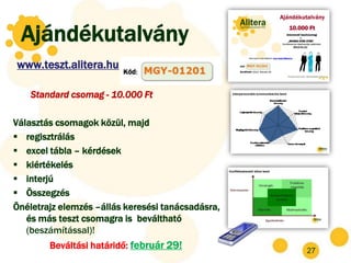 Ajándékutalvány
www.teszt.alitera.hu

    Standard csomag - 10.000 Ft

Választás csomagok közül, majd
 regisztrálás
 excel tábla – kérdések
 kiértékelés
 interjú
 Összegzés
Önéletrajz elemzés –állás keresési tanácsadásra,
   és más teszt csomagra is beváltható
   (beszámítással)!
        Beváltási határidő: február 29!            27
 