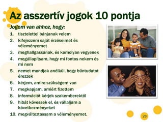 Az asszertív jogok 10 pontja
Jogom van ahhoz, hogy:
1. tisztelettel bánjanak velem
2. kifejezzem saját érzéseimet és
    véleményemet
3. meghallgassanak, és komolyan vegyenek
4. megállapítsam, hogy mi fontos nekem és
    mi nem
5. nemet mondjak anélkül, hogy bűntudatot
    érezzek
6. kérjem, amire szükségem van
7. megkapjam, amiért fizettem
8. információt kérjek szakemberektől
9. hibát kövessek el, és vállaljam a
    következményeket
10. megváltoztassam a véleményemet.         28
 